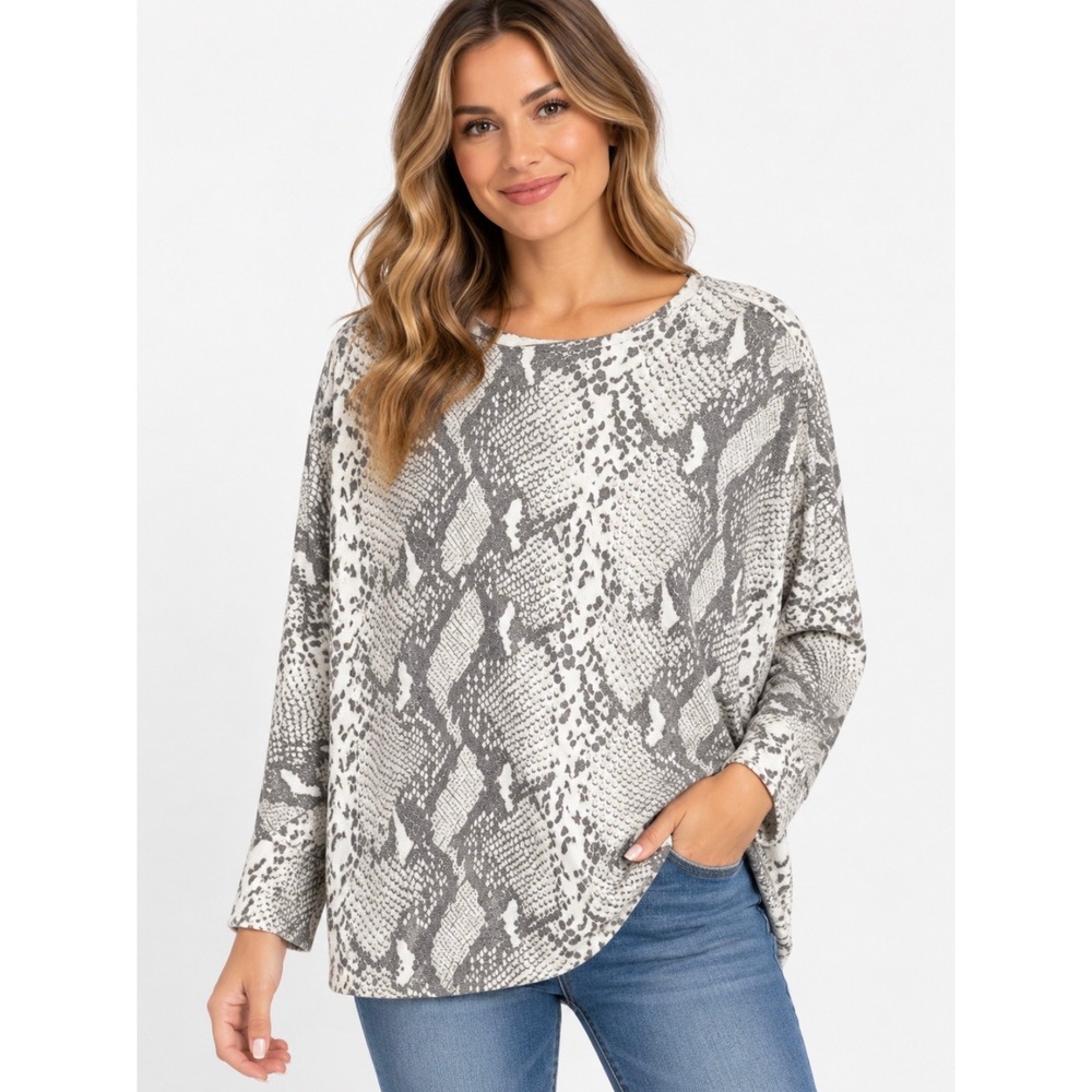 Sioni Snake Print Knit Top Women L Grey White Crew Neck Long Sleeve